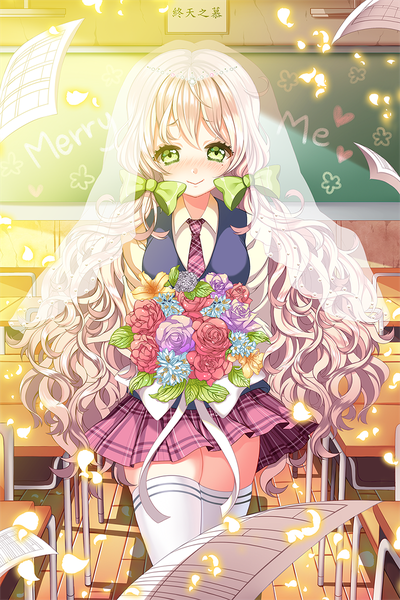 Anime picture 800x1200 with original ie (nyj1815) single long hair tall image looking at viewer blush fringe blonde hair smile hair between eyes standing holding green eyes payot indoors pleated skirt wind sunlight mole