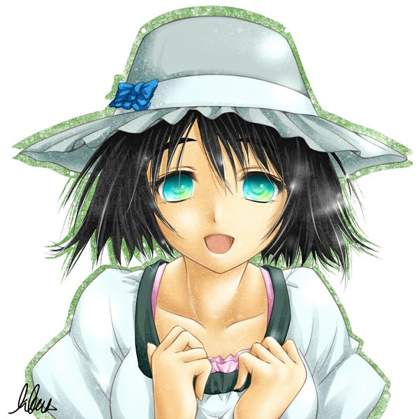 Anime picture 1024x1024 with steins;gate white fox shiina mayuri libus (artist) short hair open mouth black hair white background aqua eyes girl hat