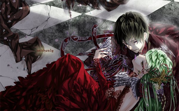 Anime picture 1200x748 with code geass sunrise (studio) c.c. lelouch lamperouge witchonly (artist) long hair short hair black hair wide image bare shoulders yellow eyes green hair couple checkered floor girl dress boy hair ornament insect butterfly