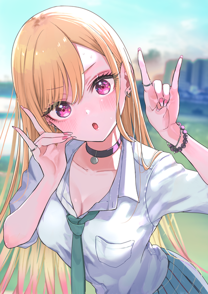 Anime picture 1500x2121 with sono bisque doll wa koi wo suru cloverworks kitagawa marin aibon single long hair tall image open mouth blonde hair cleavage outdoors nail polish head tilt pink eyes fingernails blurry :o sweat piercing ear piercing