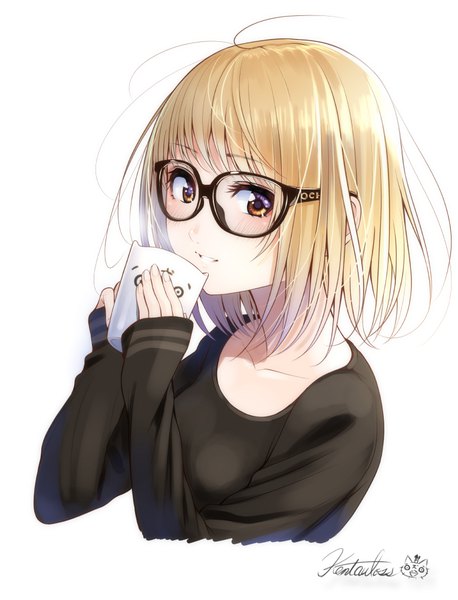 Anime picture 777x1017 with original kentaurosu single tall image looking at viewer blush fringe short hair blonde hair simple background white background purple eyes brown eyes signed upper body parted lips sleeves past wrists multicolored eyes girl glasses