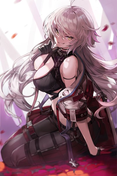 Anime picture 1167x1750 with fate (series) fate/grand order jeanne d'arc (fate) (all) jeanne d'arc alter (fate) goomrrat single long hair tall image looking at viewer fringe breasts light erotic smile hair between eyes large breasts sitting bare shoulders yellow eyes cleavage silver hair