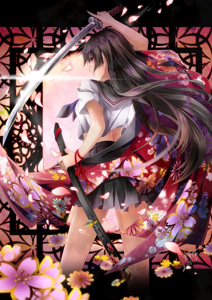 Anime picture 800x1130 with original tyouya single long hair tall image black hair signed pleated skirt pink eyes looking back floral print girl skirt uniform weapon school uniform petals sword serafuku katana