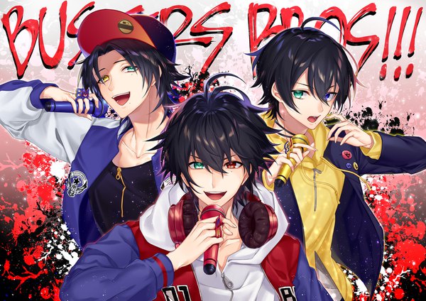 Anime picture 1500x1061 with hypnosis mic yamada ichirou (hypnosis mic) yamada saburou yamada jirou cocosuke looking at viewer fringe short hair open mouth black hair hair between eyes ahoge :d mole open jacket multiple boys mole under eye heterochromia siblings mole under mouth