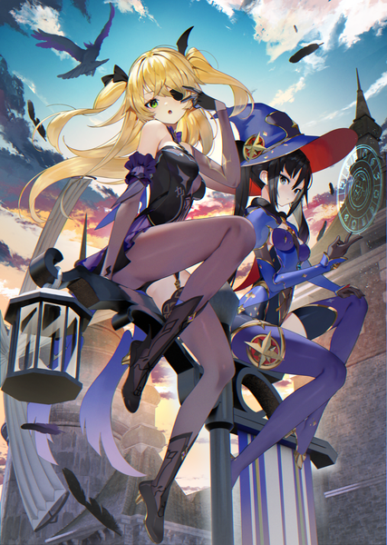 Anime picture 1778x2500 with genshin impact mona megistus fischl (genshin impact) oz (genshin impact) scottie (phantom2) long hair tall image looking at viewer fringe highres light erotic black hair blonde hair hair between eyes sitting twintails multiple girls green eyes payot sky