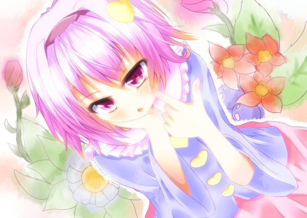 Anime picture 1165x829 with touhou komeiji satori yuimari single blush short hair purple eyes pink hair chin rest girl dress hair ornament flower (flowers) heart hairband hairclip