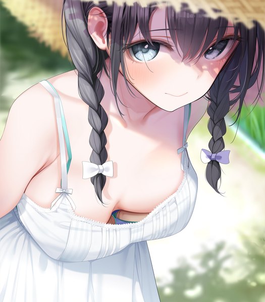 Anime picture 1092x1248 with original giba (out-low) single long hair tall image looking at viewer blush fringe breasts blue eyes light erotic black hair hair between eyes standing bare shoulders cleavage outdoors braid (braids) from above twin braids