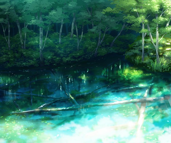Anime picture 1048x882 with original toti (pixiv) plant (plants) tree (trees) water forest
