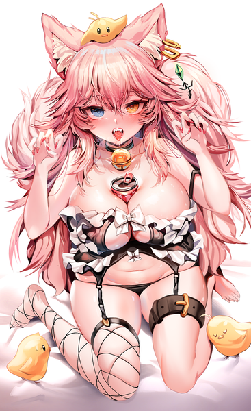 Anime picture 1100x1800 with original zerocat single long hair tall image looking at viewer blush fringe breasts open mouth blue eyes light erotic simple background hair between eyes large breasts white background animal ears payot pink hair full body