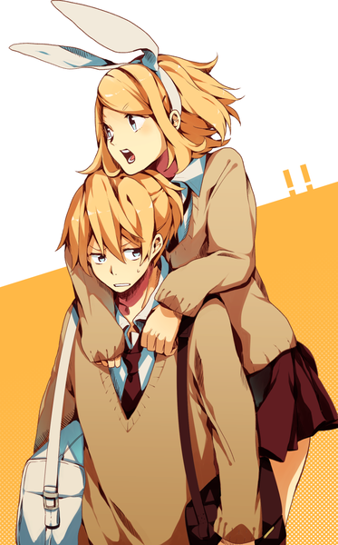 Anime picture 788x1266 with vocaloid kagamine rin kagamine len namo (00) tall image short hair open mouth blue eyes simple background blonde hair looking away hug twins hug from behind brother and sister girl boy uniform bow hair bow