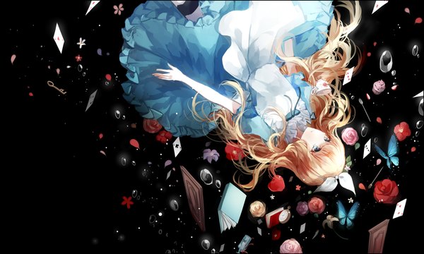 Anime picture 2000x1200 with alice in wonderland alice (alice in wonderland) cui (jidanhaidaitang) single long hair fringe highres blue eyes simple background blonde hair wide image black background girl thighhighs dress flower (flowers) ribbon (ribbons) hair ribbon rose (roses) book (books)