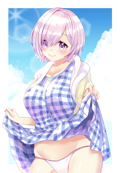 Anime picture 2605x3684 with fate (series) fate/grand order mash kyrielight nekomiya noru (yuduki710) single tall image looking at viewer fringe highres short hair light erotic purple eyes pink hair sky cloud (clouds) hair over one eye sparkle groin border plaid