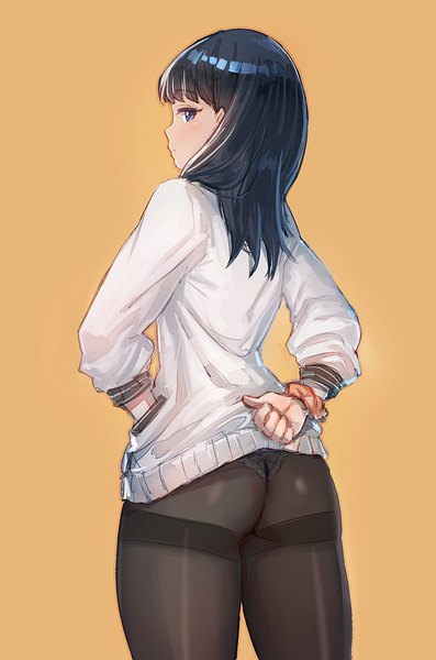 Anime picture 681x1028 with gridman universe ssss.gridman studio trigger takarada rikka bow (bhp) single long hair tall image looking at viewer blush blue eyes light erotic black hair simple background standing profile looking back from behind back hand in pocket