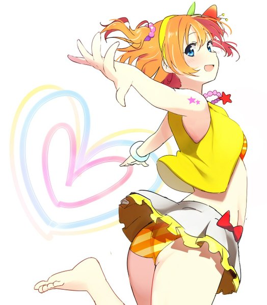 Anime picture 1100x1261 with love live! school idol project sunrise (studio) love live! kousaka honoka dobasisi single tall image looking at viewer blush short hair open mouth blue eyes light erotic barefoot orange hair bare belly tattoo two side up turning head spread arms
