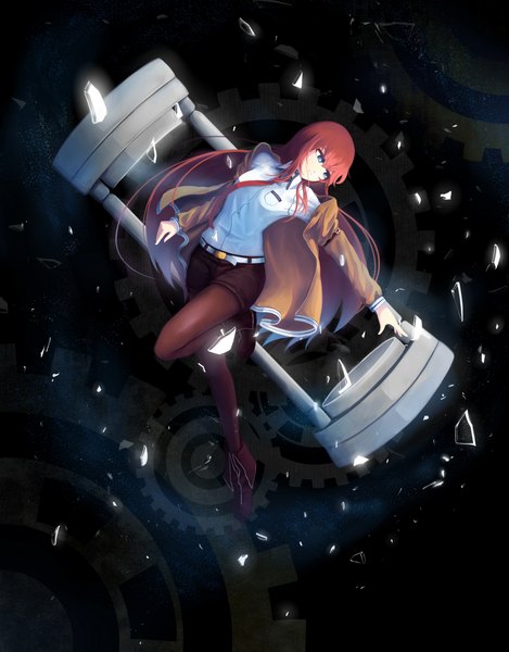 Anime picture 1788x2284 with steins;gate white fox makise kurisu darkers (akefumi) single long hair tall image highres blue eyes brown hair destruction girl necktie shorts clock gears hourglass