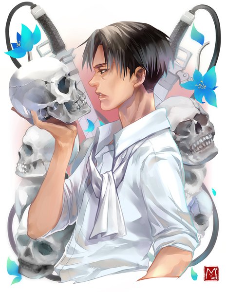 Anime picture 858x1109 with shingeki no kyojin production i.g levi (rivaille) marimari999 single tall image short hair black hair simple background white background holding signed looking away parted lips profile arm up watermark boy flower (flowers) weapon