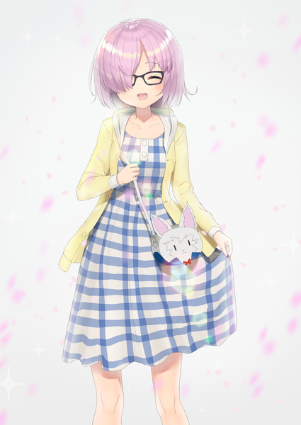 Anime picture 1756x2479 with fate (series) fate/grand order mash kyrielight akamizuki (akmzk) single tall image fringe highres short hair open mouth standing purple eyes pink hair eyes closed hair over one eye plaid girl dress glasses hood