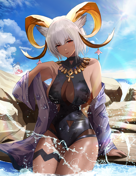 Anime picture 1800x2333 with arknights skadi (arknights) carnelian (arknights) carnelian (shining dew) (arknights) smitcuk long hair tall image looking at viewer fringe highres short hair breasts light erotic smile hair between eyes red eyes large breasts sitting multiple girls animal ears