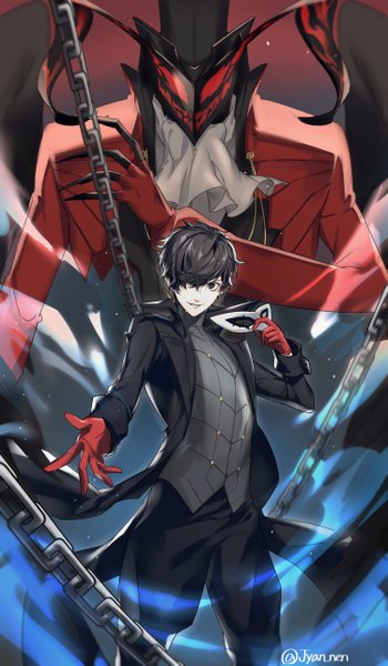 Anime picture 1500x2571 with persona 5 persona amamiya ren arsene (persona 5) jyan nen tall image looking at viewer fringe short hair black hair smile standing holding signed black eyes hair over one eye twitter username outstretched hand popped collar boy