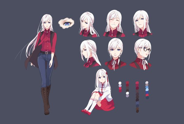 Anime picture 3672x2480 with original juni gen single long hair looking at viewer fringe highres blue eyes simple background smile hair between eyes sitting absurdres full body white hair eyes closed profile grey background lipstick portrait