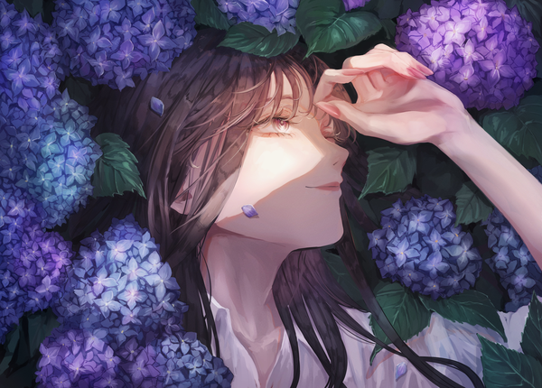 Anime picture 3808x2730 with original same ukiwa single long hair fringe highres smile brown hair brown eyes looking away absurdres upper body outdoors one eye closed arm up sunlight shaded face revision girl flower (flowers)