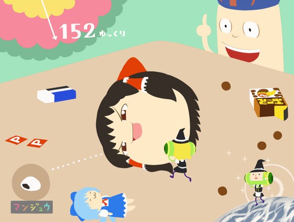 Аниме картинка 1325x1000 с touhou хакурей рейму кирисамэ мариса cirno yagokoro :3 пародия yukkuri shiteitte ne девушка шляпа katamari damacy hisakichi