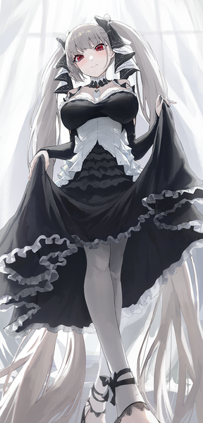 Anime picture 858x1785 with azur lane formidable (azur lane) matsogum single tall image looking at viewer fringe red eyes twintails silver hair very long hair head tilt from below skirt hold girl dress ribbon (ribbons) hair ribbon black dress
