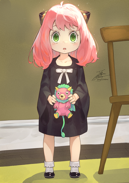 Anime picture 1061x1500 with spy x family anya (spy x family) director chimera (spy x family) fadingz single tall image looking at viewer blush fringe short hair open mouth standing holding green eyes signed pink hair full body ahoge indoors long sleeves