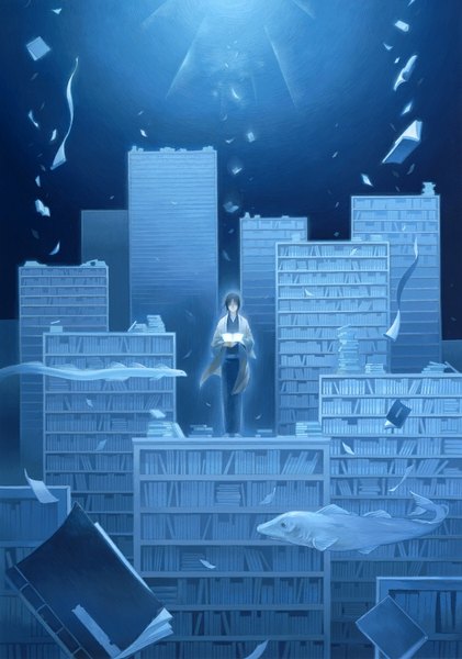 Anime picture 840x1197 with original suijou ai tall image short hair black hair standing traditional clothes japanese clothes light blue background underwater falling swimming boy animal kimono book (books) fish (fishes) paper shelf