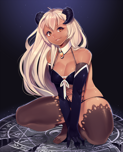 Anime picture 1300x1602 with loyproject single long hair tall image fringe breasts light erotic brown eyes silver hair horn (horns) light smile spread legs dark skin girl thighhighs gloves black thighhighs elbow gloves