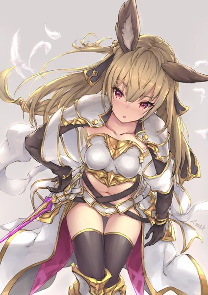 Anime picture 742x1050 with granblue fantasy yuisis (granblue fantasy) parfaitlate single long hair tall image looking at viewer blush fringe breasts open mouth light erotic simple background blonde hair hair between eyes standing animal ears bent knee (knees) pink eyes from above