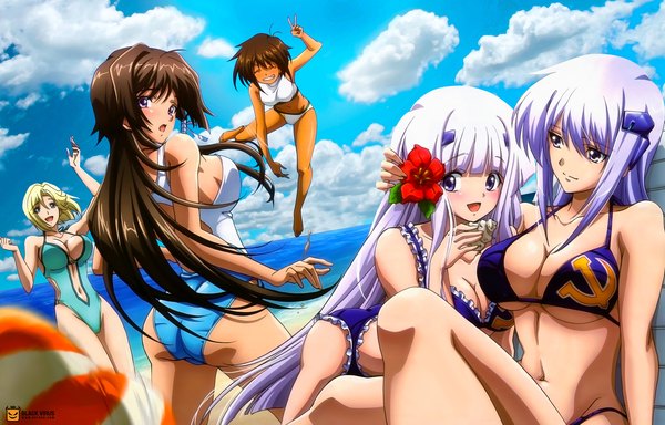Anime picture 2500x1600 with muv-luv alternative takamura yui cryska barchenowa inia sestina tarisa manandal ellen aice long hair blush highres short hair breasts open mouth light erotic blonde hair brown hair purple eyes bare shoulders multiple girls cleavage silver hair