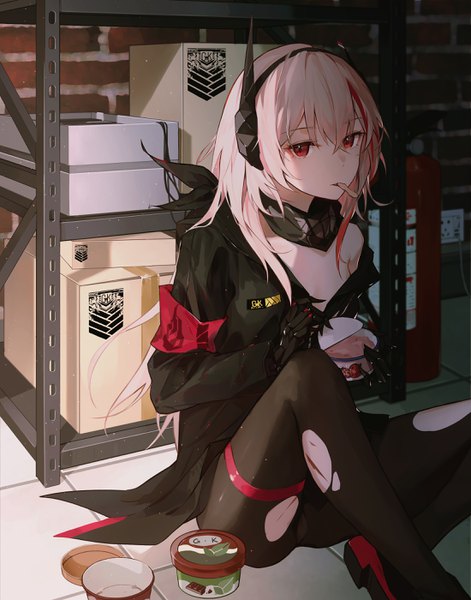 Anime picture 2200x2800 with girls frontline m4 sopmod ii (girls frontline) lunaplum single long hair tall image looking at viewer fringe highres light erotic blonde hair red eyes sitting holding indoors multicolored hair off shoulder two-tone hair streaked hair mouth hold