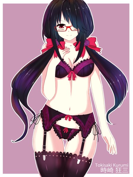 Anime picture 3000x4000 with date a live tokisaki kurumi pixcel pixcel011 single long hair tall image blush fringe highres light erotic black hair red eyes twintails hair over one eye underwear only low twintails girl thighhighs underwear