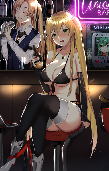 Anime picture 1050x1650 with azur lane cleveland (azur lane) akashi (azur lane) hornet (azur lane) cleveland (gentry knight) (azur lane) lilycious long hair tall image looking at viewer blush fringe breasts open mouth light erotic blonde hair smile hair between eyes large breasts standing sitting