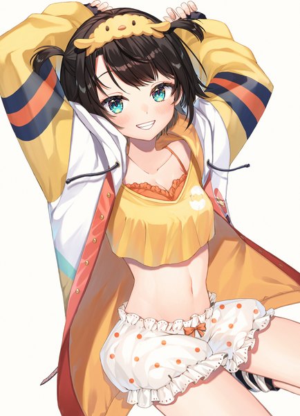 Anime-Bild 2657x3671 mit virtual youtuber hololive oozora subaru oozora subaru (loungewear) oozora subaru (7th costume) runlan 0329 single tall image looking at viewer highres short hair light erotic black hair simple background smile white background aqua eyes arms up open jacket two side up