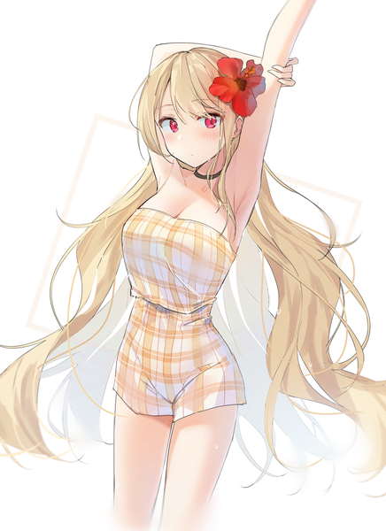 Anime picture 1339x1842 with original sabet (young ouo) single long hair tall image looking at viewer blush fringe breasts simple background blonde hair hair between eyes red eyes standing white background cleavage hair flower arms up bare legs armpit (armpits)