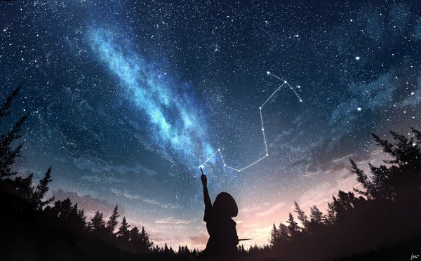 Anime picture 1000x620 with original skyrick9413 single short hair wide image standing signed sky cloud (clouds) outdoors arm up from behind silhouette nature morning constellation sunrise girl plant (plants) tree (trees)