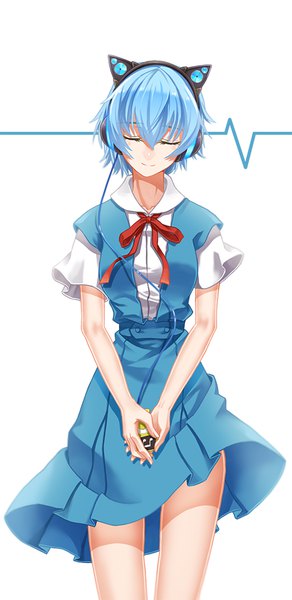 Anime picture 481x988 with neon genesis evangelion gainax axent wear headphones ayanami rei cross akiha single tall image fringe short hair simple background hair between eyes standing white background holding animal ears blue hair eyes closed light smile cat ears bare legs