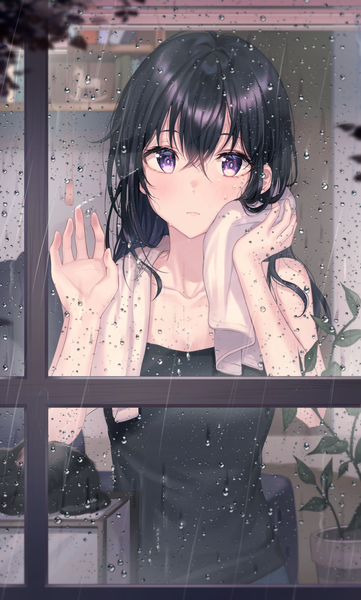 Anime picture 1615x2682 with original tokkyu single long hair tall image looking at viewer blush fringe black hair hair between eyes standing purple eyes upper body indoors rain against glass towel around neck girl plant (plants) animal