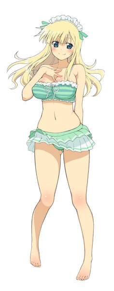 Anime picture 1588x4032 with senran kagura yomi (senran kagura) torii takashi single long hair tall image blush light erotic simple background blonde hair white background green eyes girl navel swimsuit