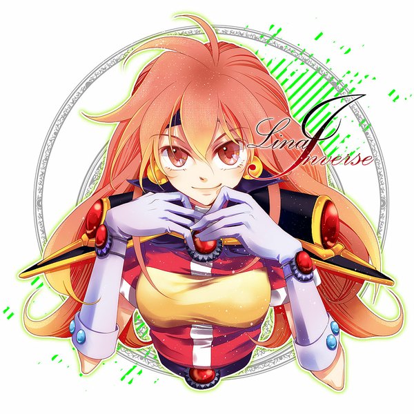 Anime picture 1000x1000 with slayers j.c. staff lina inverse nanami (773) single long hair looking at viewer blush smile red eyes red hair inscription character names girl gloves earrings elbow gloves white gloves