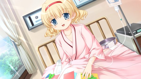 Anime picture 1024x576 with sanarara r nekoneko soft single blush short hair open mouth blue eyes blonde hair wide image game cg girl hairband bed pajamas