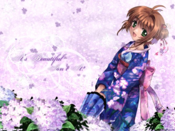 Anime picture 1280x960 with card captor sakura clamp kinomoto sakura single looking at viewer fringe short hair open mouth brown hair standing holding green eyes payot outdoors traditional clothes japanese clothes two side up happy girl flower (flowers)