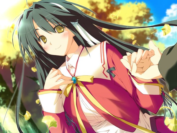 Anime picture 1600x1200 with happy margaret kitanoji nozomi kokonoka long hair looking at viewer blush black hair smile yellow eyes game cg sky cloud (clouds) ahoge outdoors sunlight holding hands happy pov girl bow