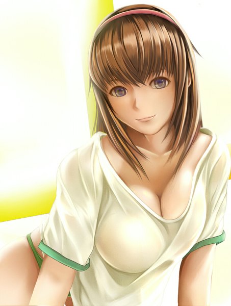 Anime picture 756x1000 with dead or alive hitomi nannacy7 single long hair tall image looking at viewer breasts light erotic brown hair brown eyes girl t-shirt