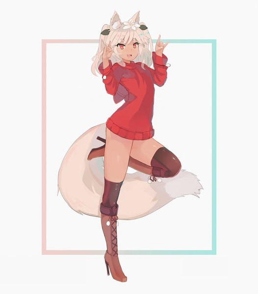 Anime picture 1600x1825 with original ehrrr single long hair tall image looking at viewer fringe open mouth simple background blonde hair smile red eyes standing white background twintails animal ears tail :d animal tail high heels