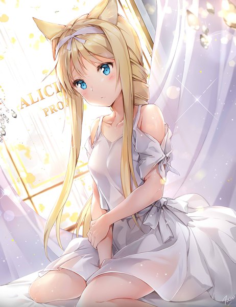 Anime picture 1388x1800 with sword art online sword art online: alicization a-1 pictures alice zuberg taro (ultrataro) single long hair tall image looking at viewer blush fringe breasts blue eyes blonde hair sitting signed payot braid (braids) character names single braid