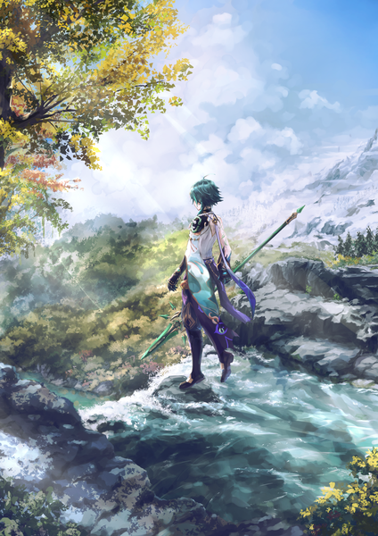 Anime picture 1457x2064 with genshin impact xiao (genshin impact) fuyuni0307 single tall image short hair holding sky cloud (clouds) full body ahoge outdoors green hair from behind river boy weapon spear