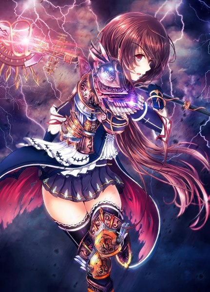 Anime picture 863x1200 with original alc (ex2 lv) single long hair tall image looking at viewer red eyes brown hair zettai ryouiki rain lightning girl skirt gloves miniskirt armor thigh boots cape staff